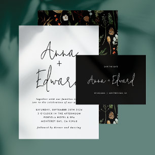 Convites Negra floral floral preto-e-branco de casamento