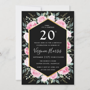 Convites Negra Floral Rosa Vinte 20 Aniversário