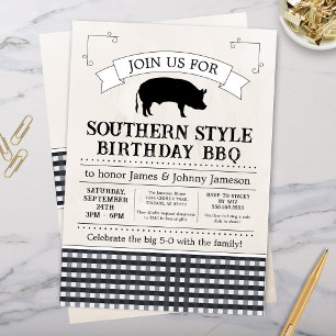 Convites Negra Gingham Southern Pig Roast Birday
