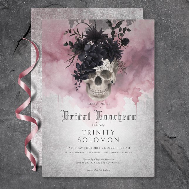 Convites Negra Gótica e Borgonha Floral Crânio Bridal (Gothic Black & Burgundy Floral Skull Bridal Lunch Invitation)