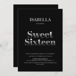 Convites Negra Minimalista e Doce Prateado 16 Aniversário
