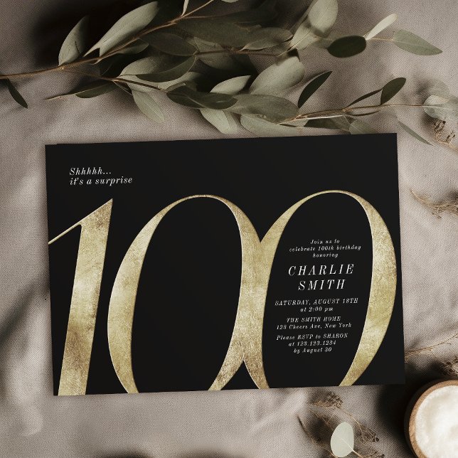 Convites Negra minimalista moderna e ouro 100 anos (Modern minimalist black and gold 100th birthday invitation)