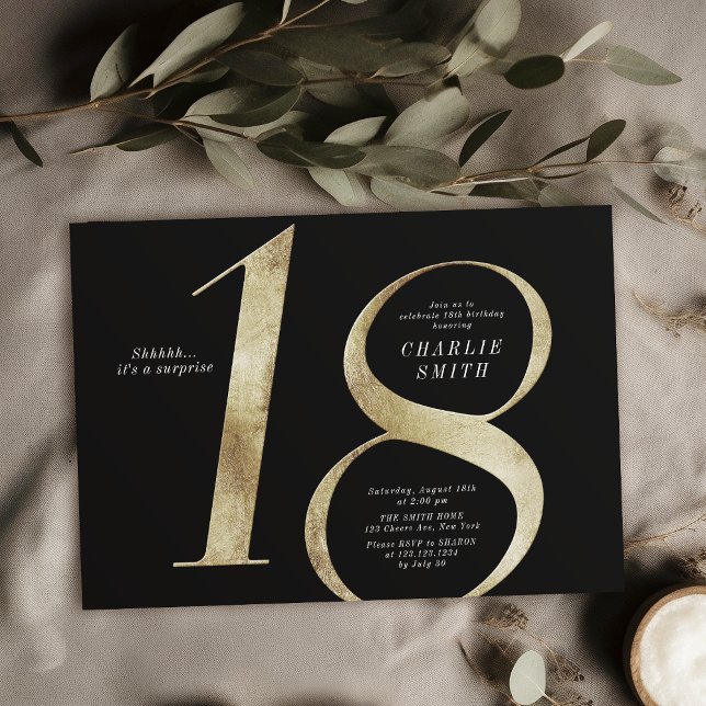 Convites Negra minimalista moderna e ouro 18 anos (Modern minimalist black and gold 18th birthday invitation)