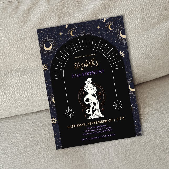 Convites Negra Mística Virgo Zodiac aniversário de 21 anos (Black Mystic Virgo Zodiac 21st Birthday Invitation)