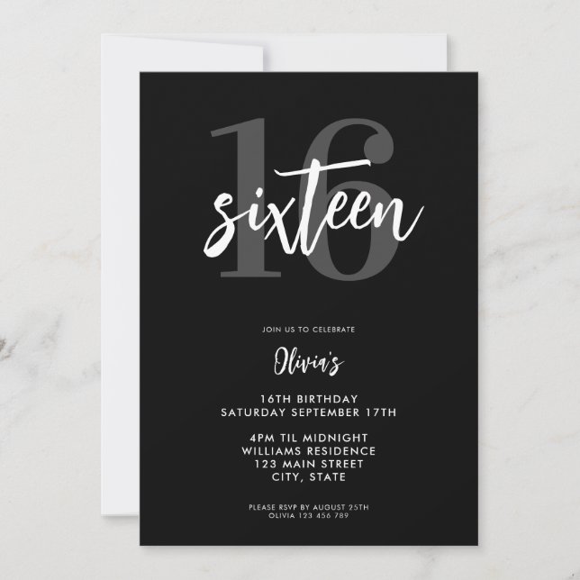 Convites Negra Moderna e Branco Elegante 16º Aniversário (Frente)