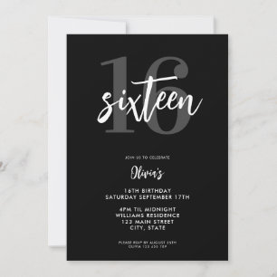 Convites Negra Moderna e Branco Elegante 16º Aniversário