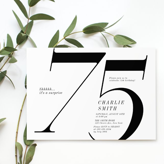 Convites Negra moderna minimalista e branca 75 anos (Modern minimalist black and white 75th birthday invitation)
