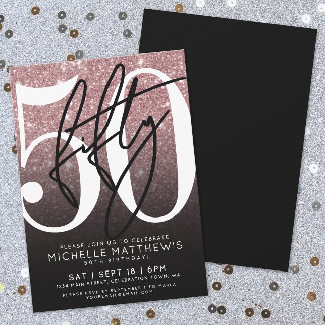 Convites Negra Rosa com brilho Dourado 50º aniversário (Black Rose Gold Glitter 50th Birthday Invitation)