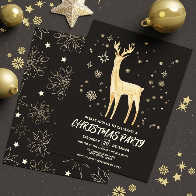 Convites Negra Simples Moderna e Dourada Elegante Xmas (Modern Simple Black and Gold Elegant Deer Xmas Invitation)