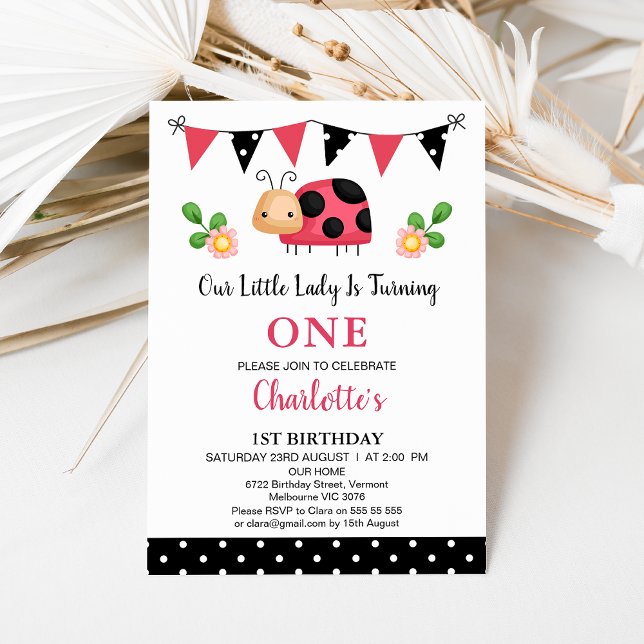 Convites Negra Vermelha Nossos primeiros aniversarios de Da (Polka Dots Ladybug Birthday Invitation Template Girl, Ladybug Themed 1st Birthday Invitation Bunting)