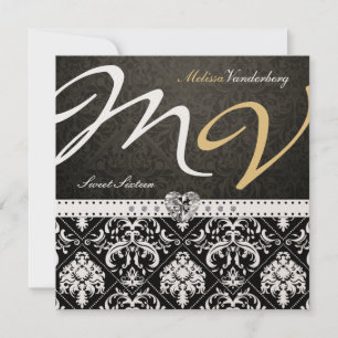 Convites Negros Elegantes / Dourados Damask Doce Dezesseis 