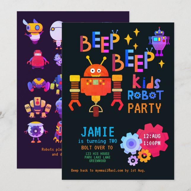 Convites NENHUMA Festa de segundo aniversário de ROBÔ Menin (Frente/Verso)