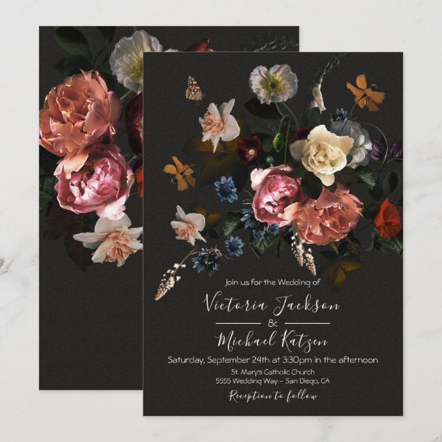 Convites Neoclássica Floral Dark & Moody Wedding (Frente/Verso)