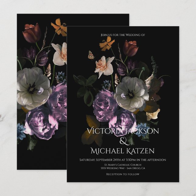 Convites Neoclássica Floral Moonlight Dark & Moody Wedding (Frente/Verso)