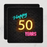 Convites Neon 50th Birthday Sign on brick<br><div class="desc">Sinal de neon brilhante sobre fundo de tijolos escuros para 50 anos</div>