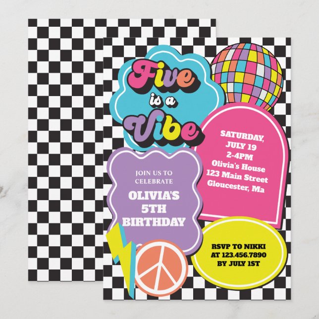 Convites Neon 90s Retro Cinco é um Aniversário de 5 Vibe (Frente/Verso)