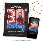 Convites Neon aniversário de 30 anos<br><div class="desc">Convite de Neon aniversário de 30 anos. Um design de convite para o aniversário de neon, estilo neon, estilo 80s divertido e retrógrado, com um fundo de tijolos de aparência rústica. A design é simples com uma dica de humor e foto personalizável! Veja a coleção para outro decor de partido...</div>