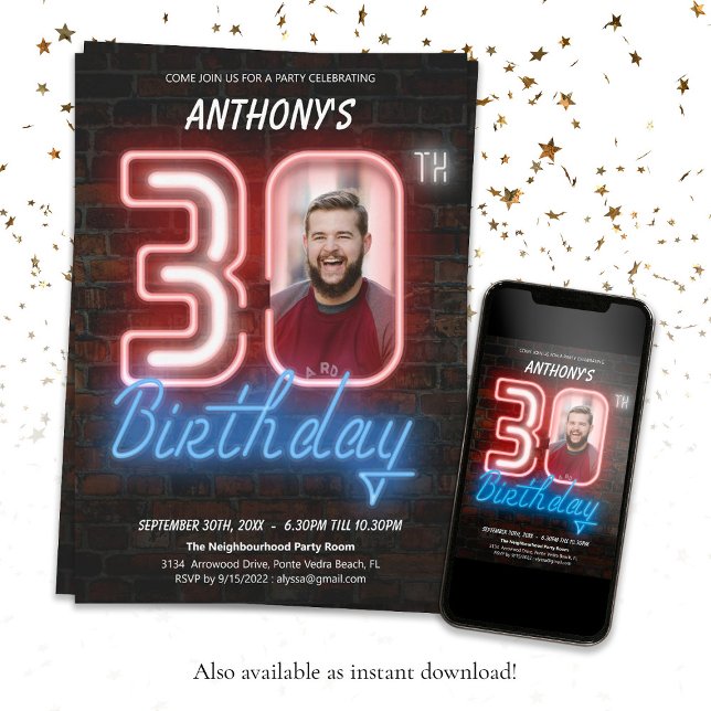 Convites Neon aniversário de 30 anos (30th Birthday 80s Retro Neon Sign Custom Photo Invitation)
