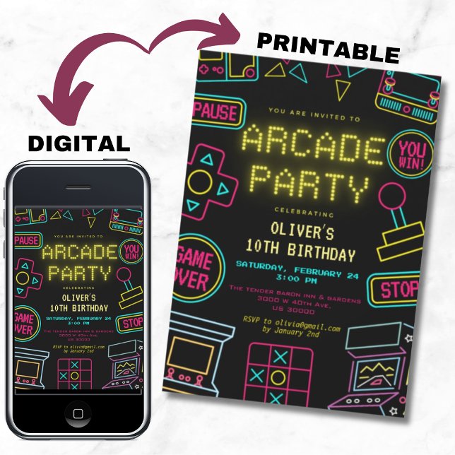 Convites Neon Any Year videos games arcade aniversário (Criador carregado)