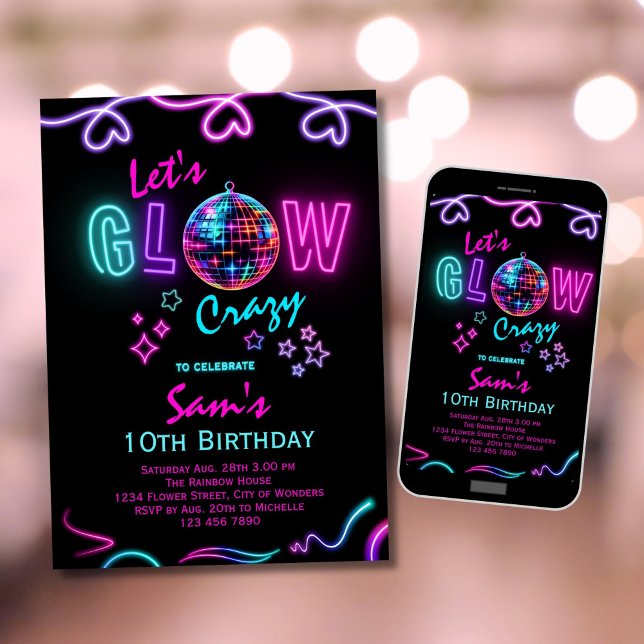 Convites Neon Birthday Invitation Girls Vamos Louco (Criador carregado)