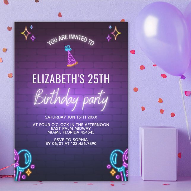 Convites Neon Birthday Party Invitation Brick Wall Style (Criador carregado)