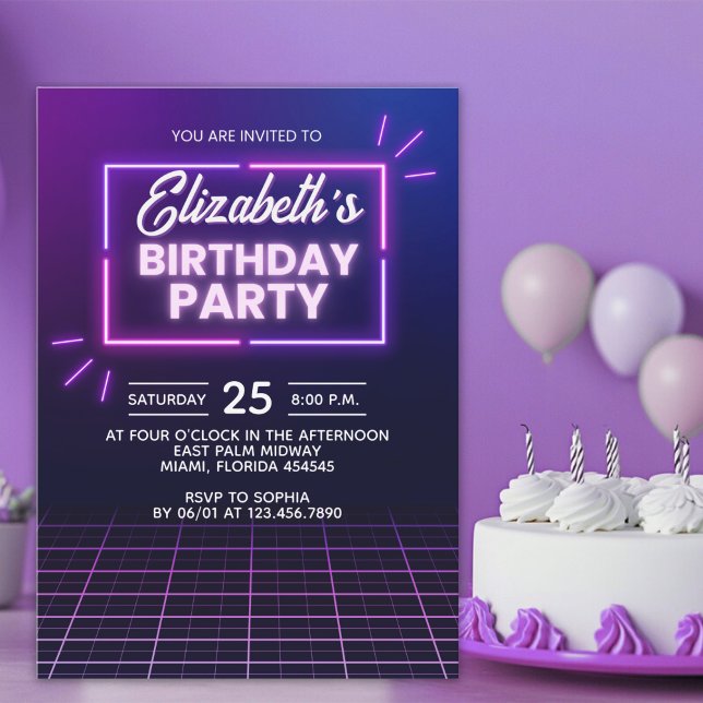 Convites Neon Birthday Party Invitation Modern Glow Frame (Criador carregado)