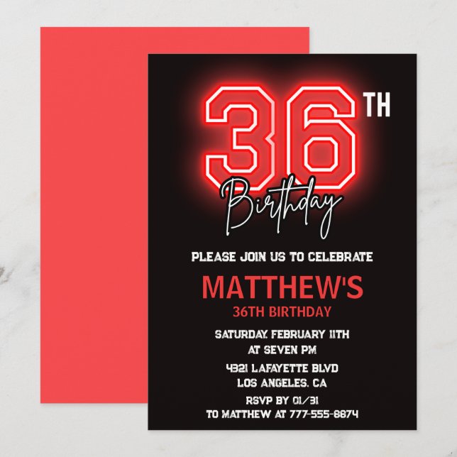 Convites Neon Black Red Men faz 36 anos (Frente/Verso)