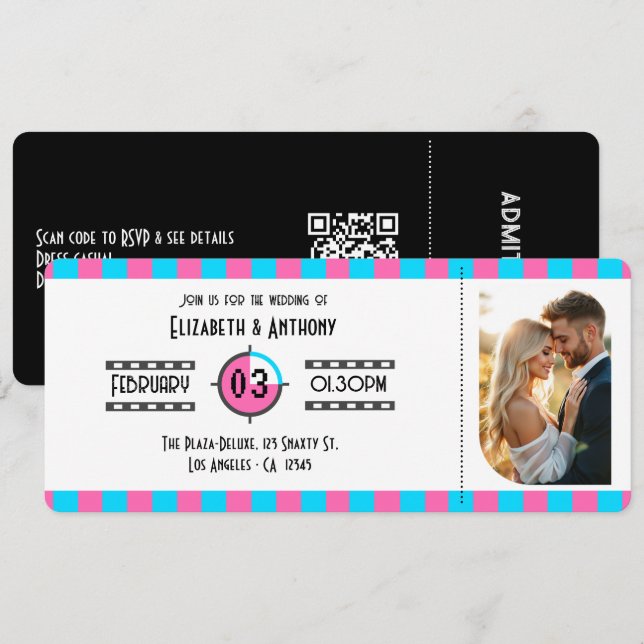 Convites Neon Blue, Hot Pink, and Black Cinema Ticket (Frente/Verso)
