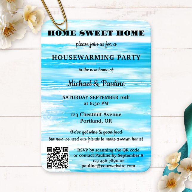 Convites Neon Blue Turquoise Paint QR (Housewarming party invitation featuring a grunge turquoise blue painted design with QR code template)