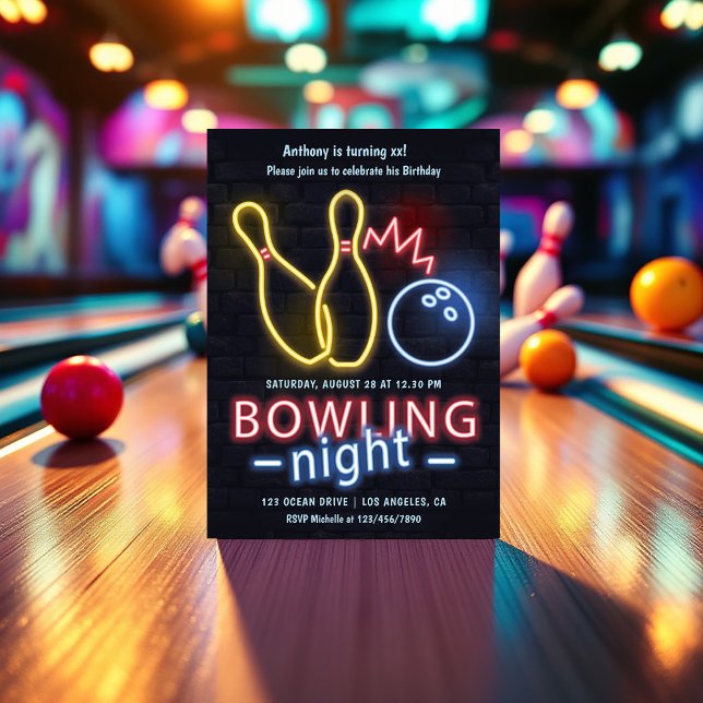 Convites Neon Boliche Night Festa de aniversário (Neon Bowling Birthday Party Invitation)