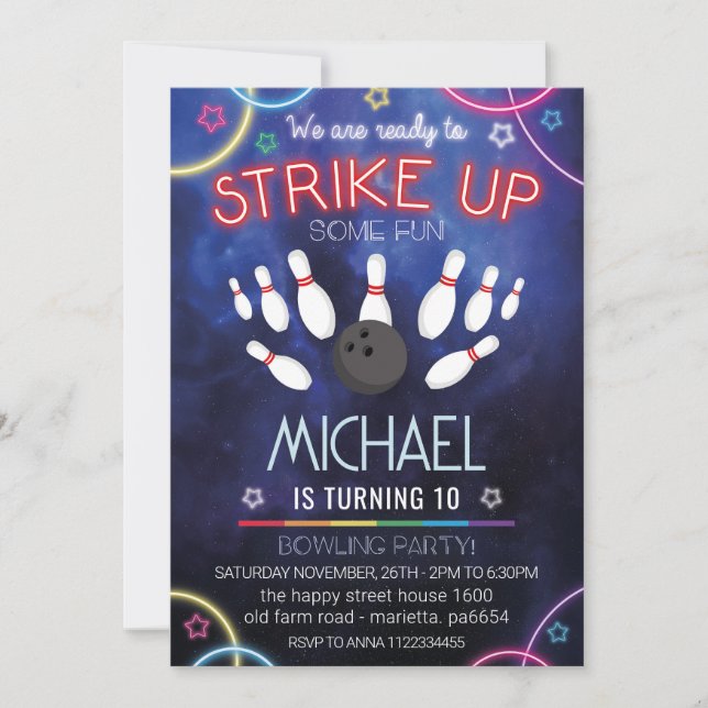 Convites Neon Bowling Invitation for Birthday Party Retro (Frente)