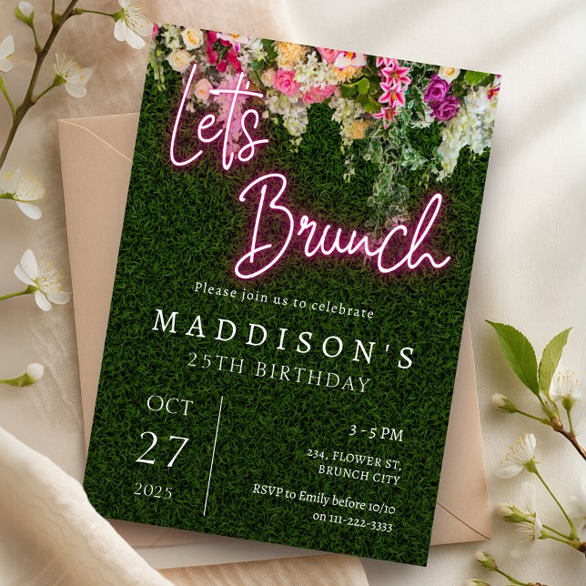 Convites Neon Brunch Festa de aniversário Floral Backdrop G (Neon Brunch Floral Backdrop Garden Party Birthday Invitation)