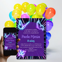 Convites Neon Butterfly Black Purple Girl Aniversário espan