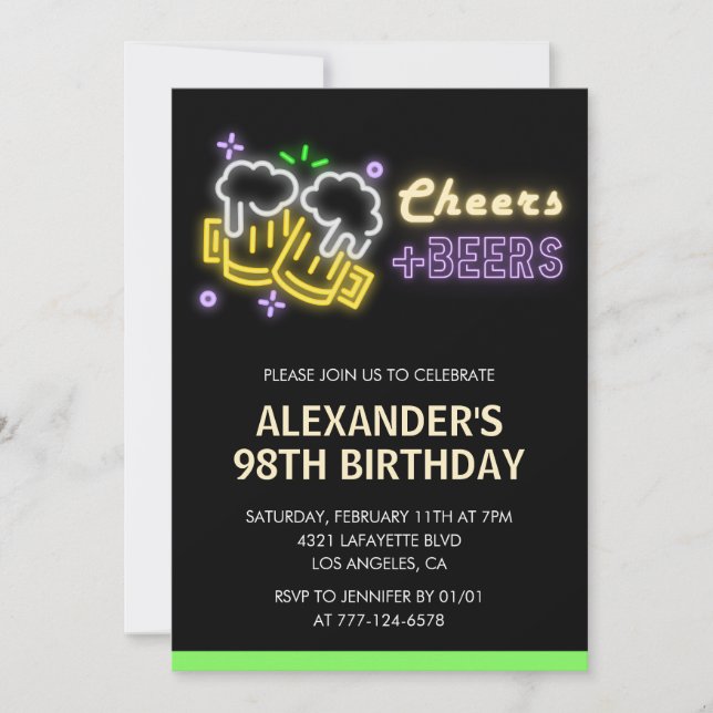 Convites Neon Cheers Beer Chalkboard 98º aniversário (Frente)