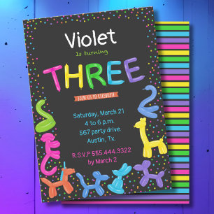 Convites Neon color balões de animais aniversário de 3 anos