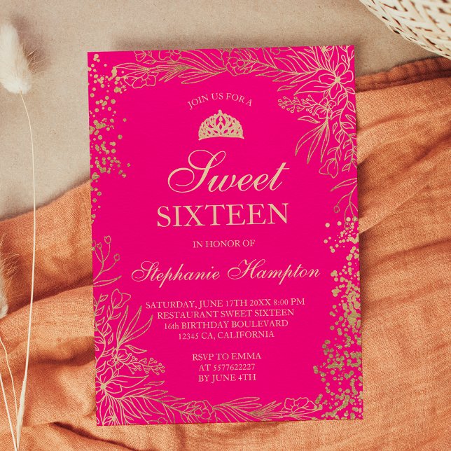 Convites Néon cor-de-rosa-preto Tiara chic Sweet 16 (Chic gold floral neon pink Tiara chic Sweet 16 Invitation)