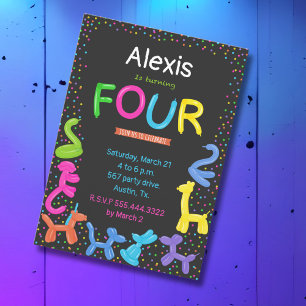 Convites Neon cores balões de animais 4 anos de aniversário