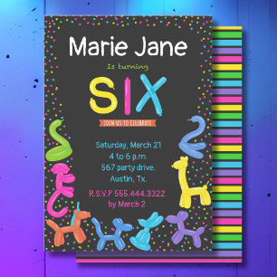 Convites Neon cores balões de animais 6 aniversário