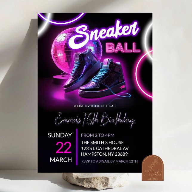 Convites Neon Disball Sneakerball Púrpura Rosa Aniversário (Criador carregado)