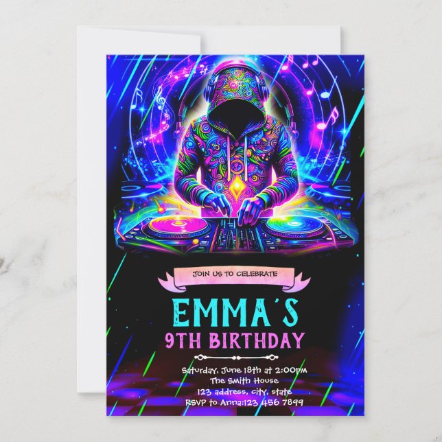 Convites Neon DJ birthday party invitation (Frente)
