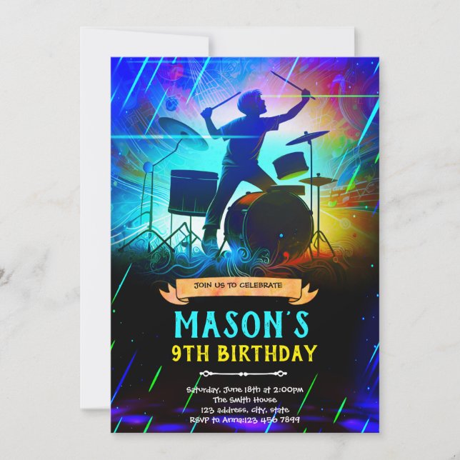 Convites Neon drum birthday party Invitation (Frente)