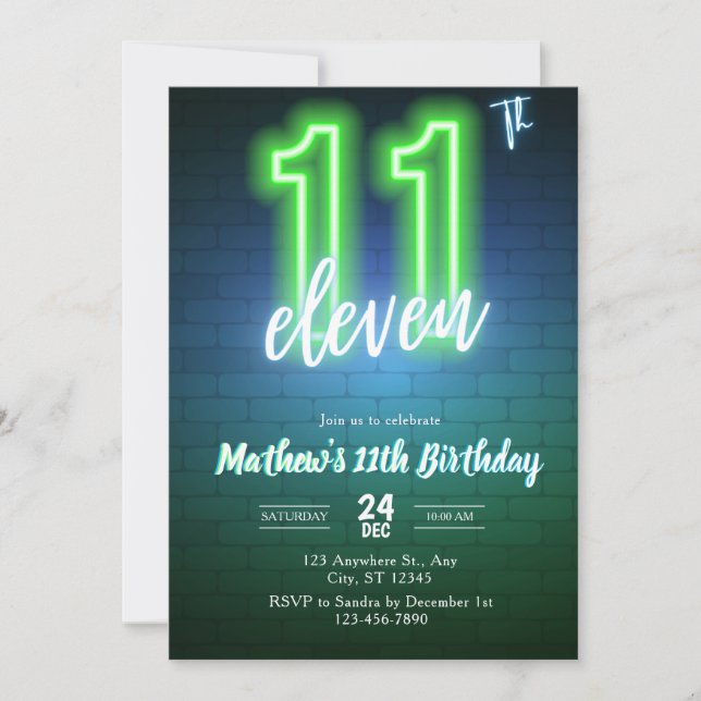 Convites Neon Eleventh birthday Invitation (Frente)