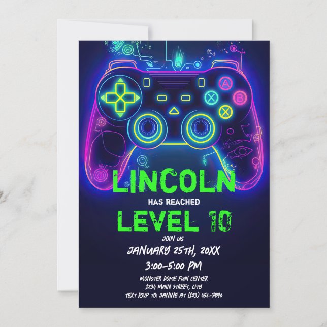Convites Neon Gamer Arcade Video Game Level Up Aniversário (Frente)