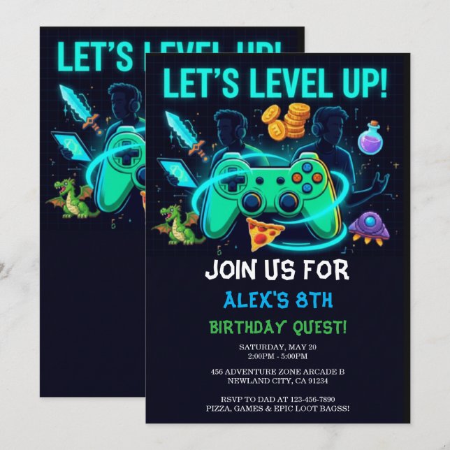 Convites Neon Gamer Birthday Invitation Editable Template (Frente/Verso)