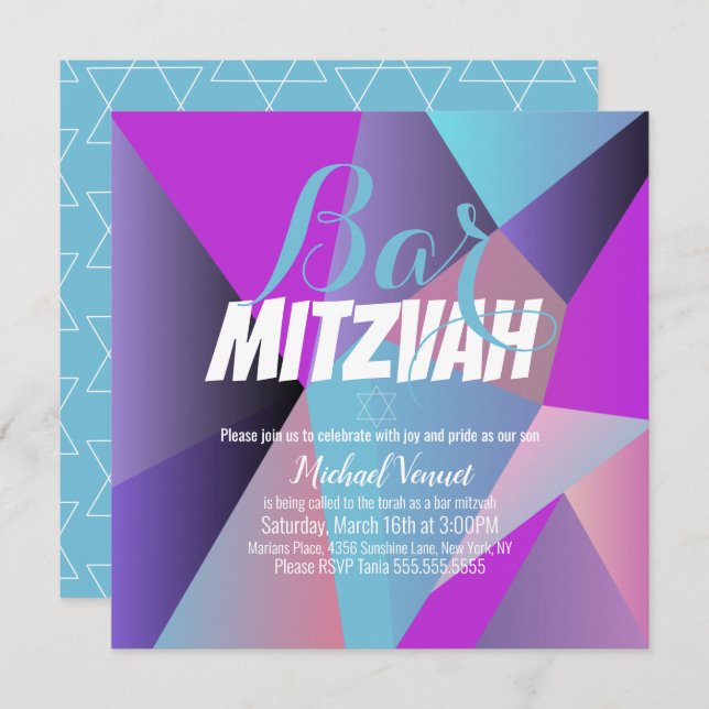 Convites Neon Geometrics Blue White Bar Mitzvah (Frente/Verso)