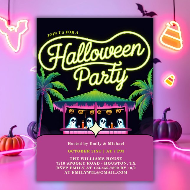 Convites Neon Ghosts Palm Trees Tropicais do Halloween (Neon Tropical Halloween Party Invitation with Ghosts & Palm Trees)
