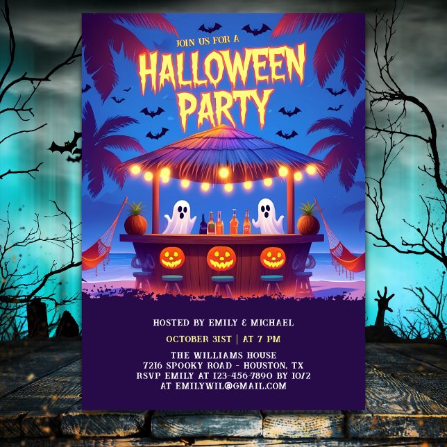 Convites Neon Ghosts & Pumkins Tropical Bar Halloween Party (Neon Ghosts & Pumkins Tropical Bar Halloween Party Invitation)