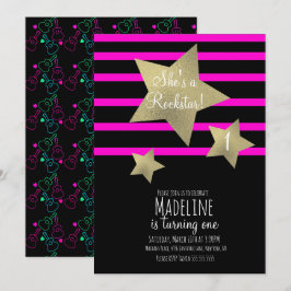 Convites Neon Girl Rockstar Guitar Faux Star Aniversário Do