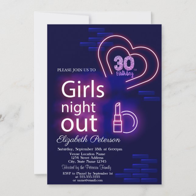 Convites Neon Girls Night Out aniversário de 30 anos (Frente)