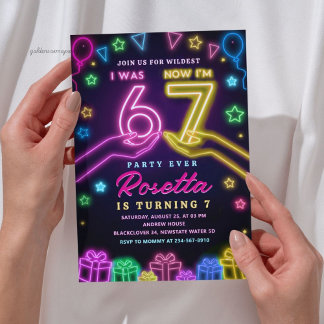 Convites Neon Glow 7th Birthday | I Was 6 Now I Am 7 Viral 